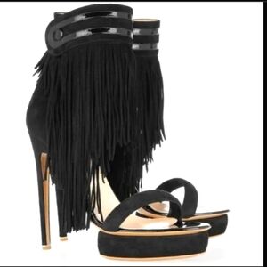 Nicholas Kirkwood Black Fringe Platform High Heel Open Toe Shoes